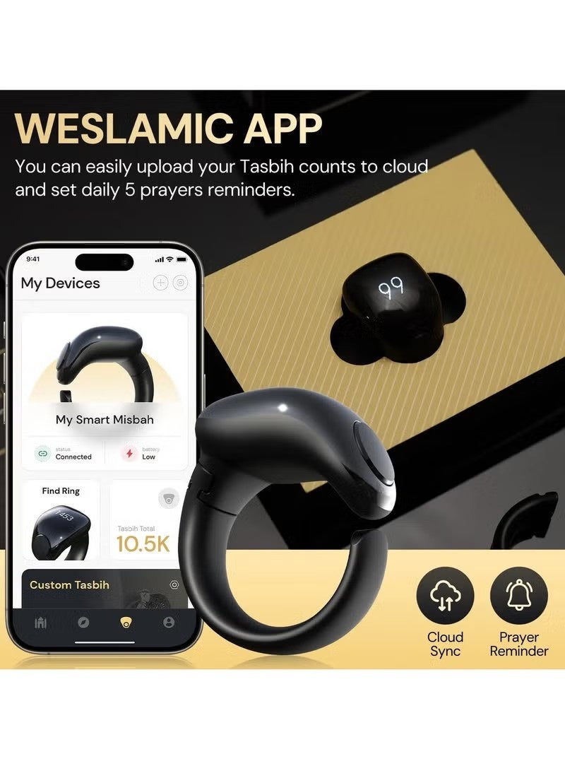 WESLAMIC iTasbih Smart Digital Tasbih Counter Ring for Zikr & Prayer – OLED Display Tasbeeh Ring with Bluetooth App Sync, Azan Prayer Time Reminders, Waterproof Wudu-Friendly Design, Magnetic Charging, Adjustable 18mm & 20mm Sizes – Sleek Black Islamic Gift for Men & Women - Image 3